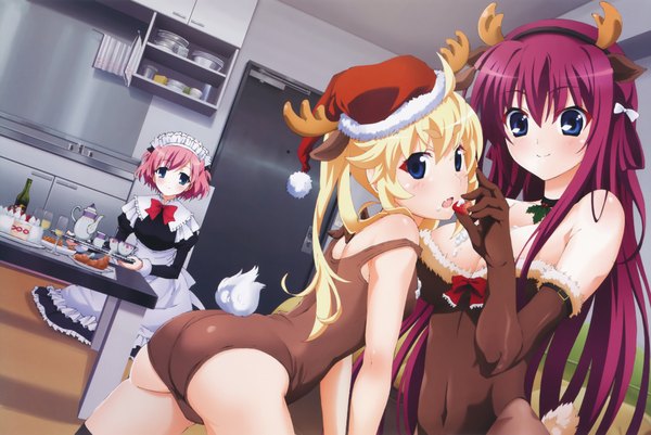 Anime picture 8176x5465 with grisaia no kajitsu suou amane matsushima michiru komine sachi yasuno masato long hair blush fringe highres short hair blue eyes light erotic blonde hair smile hair between eyes twintails multiple girls pink hair absurdres red hair