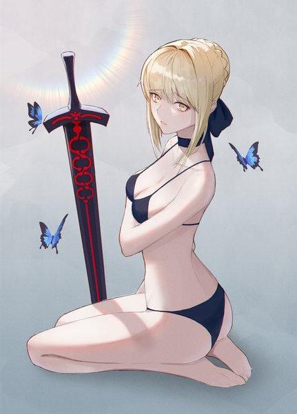 Anime picture 2480x3450 with fate (series) fate/grand order artoria pendragon (all) saber alter gaegoni single tall image looking at viewer blush fringe highres short hair breasts light erotic simple background blonde hair hair between eyes large breasts sitting bare shoulders