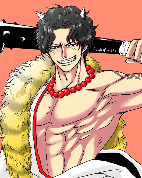 Anime picture 960x1200 with one piece toei animation portgas d. ace danbat miho single tall image looking at viewer short hair black hair simple background smile standing holding brown eyes signed upper body arm up horn (horns) fang (fangs) tattoo