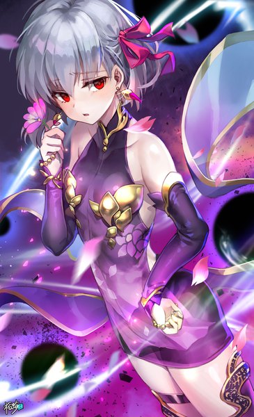 Anime picture 2360x3876 with fate (series) fate/grand order kama (fate) kyjsogom single tall image fringe highres short hair hair between eyes red eyes standing bare shoulders holding signed looking away parted lips grey hair hand on hip girl