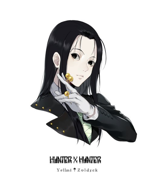 Anime picture 974x1181 with hunter x hunter illumi zoldyck ekita xuan single long hair tall image looking at viewer black hair simple background white background holding upper body black eyes copyright name character names portrait pale skin formal boy gloves