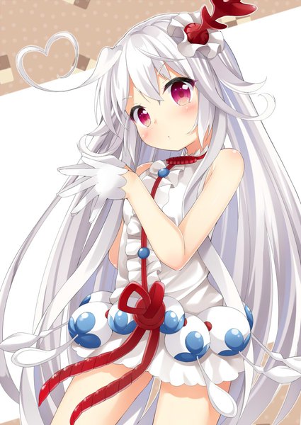 Anime picture 752x1062 with last period choko (last period) maccha single long hair tall image looking at viewer blush fringe simple background hair between eyes standing bare shoulders ahoge white hair head tilt pink eyes sleeveless striped polka dot