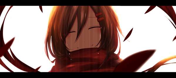 Anime picture 2250x1000 with kagerou project shaft (studio) tateyama ayano kiriya black single blush highres short hair simple background smile brown hair wide image eyes closed sunlight tears portrait letterboxed girl hair ornament hairclip