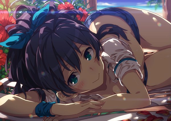 Anime picture 1200x849 with idolmaster ganaha hibiki narumi arata single long hair looking at viewer blush fringe light erotic smile sky purple hair cloud (clouds) bent knee (knees) ponytail lying aqua eyes sunlight blurry bare legs