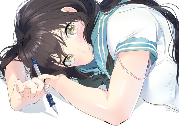 Anime picture 1000x707 with original yanyo (ogino atsuki) single long hair looking at viewer blush simple background brown hair white background signed yellow eyes lying shadow embarrassed strap slip pointing girl uniform serafuku pen