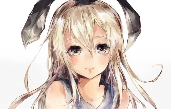 Anime picture 3507x2244 with kantai collection shimakaze destroyer ling single long hair looking at viewer blush highres blonde hair simple background white background yellow eyes absurdres light smile jpeg artifacts girl ribbon (ribbons) hair ribbon sailor suit