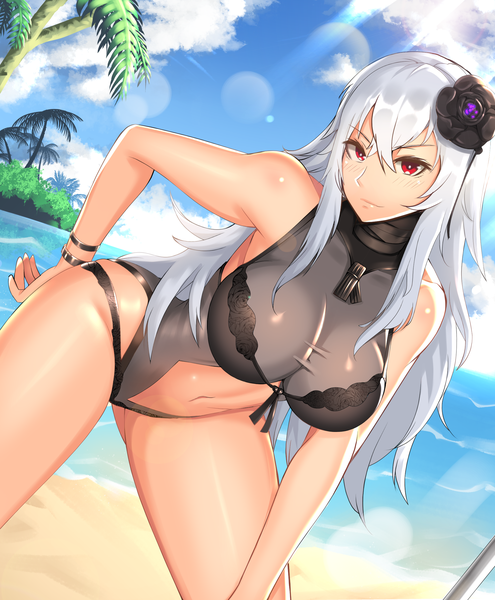 Anime picture 2000x2424 with azur lane graf zeppelin (azur lane) graf zeppelin (beachside urd) (azur lane) clyde s single long hair tall image looking at viewer blush fringe highres breasts light erotic hair between eyes red eyes large breasts standing bare shoulders payot sky