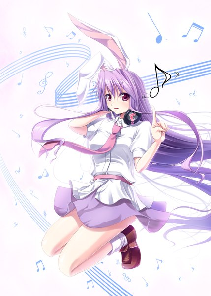 Anime picture 1295x1812 with touhou reisen udongein inaba kuga (rinkane) single long hair tall image looking at viewer purple eyes purple hair bunny ears bunny girl jumping pointing music girl skirt miniskirt socks necktie shoes