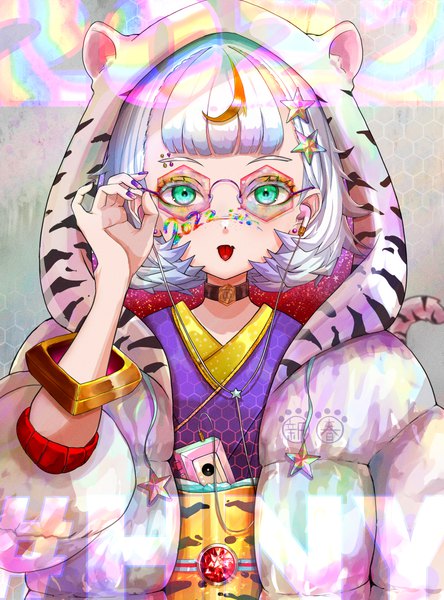 Anime picture 888x1200 with original setta shu single tall image looking at viewer fringe short hair green eyes silver hair upper body blunt bangs nail polish traditional clothes japanese clothes multicolored hair open jacket streaked hair piercing new year animal print