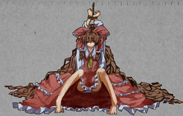 Anime picture 1149x735 with touhou hakurei reimu ryouma (galley) single light erotic simple background red eyes brown hair very long hair barefoot grey background legs bondage girl bow hair bow