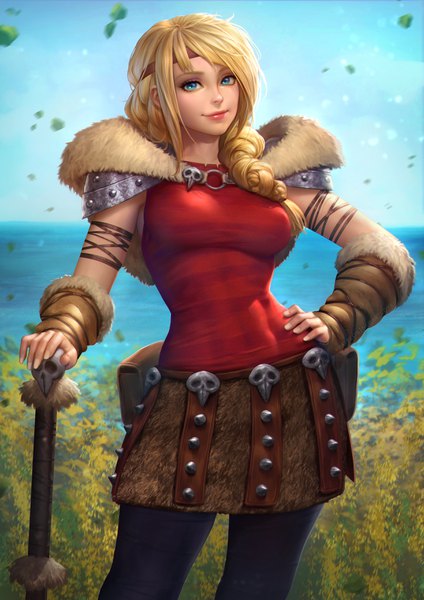 Anime picture 2480x3508 with how to train your dragon dreamworks astrid hofferson nudtawut thongmai single long hair tall image looking at viewer fringe highres blue eyes blonde hair smile standing payot sky outdoors lips realistic fur trim