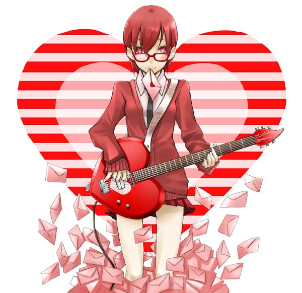 Anime picture 1089x1058 with original shiro (artist) single looking at viewer short hair simple background red eyes standing white background holding red hair mouth hold girl skirt uniform school uniform glasses necktie heart guitar