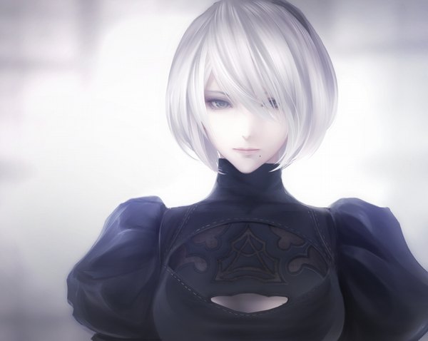 Anime picture 800x638 with nier nier:automata yorha no. 2 type b erise single looking at viewer fringe short hair silver hair lips hair over one eye mole puffy sleeves pale skin mole under mouth girl