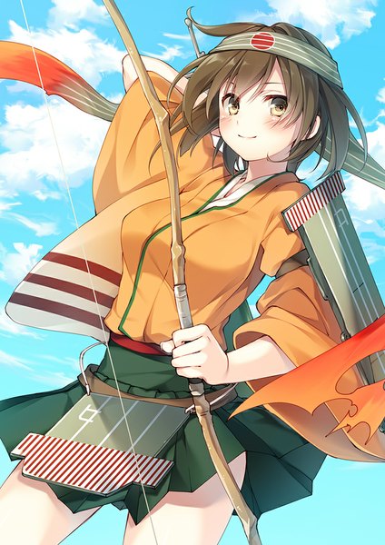 Anime picture 752x1063 with kantai collection hiryuu aircraft carrier toosaka asagi single tall image looking at viewer blush short hair smile brown hair brown eyes sky cloud (clouds) traditional clothes japanese clothes pleated skirt arm behind head girl skirt weapon