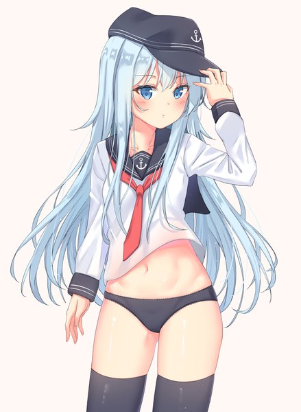 Anime picture 2760x3768 with kantai collection hibiki destroyer xue lu single long hair tall image looking at viewer blush fringe highres blue eyes light erotic simple background hair between eyes standing payot silver hair adjusting hat girl thighhighs