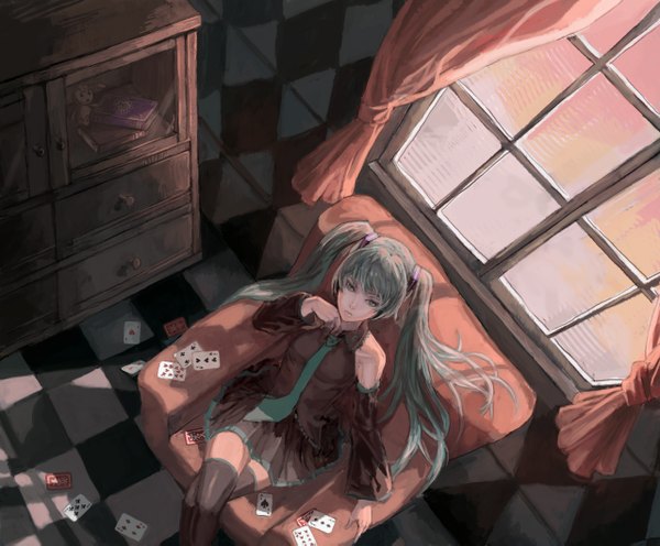 Anime picture 1280x1059 with vocaloid hatsune miku tanukiudon-umai (artist) single long hair sitting twintails bare shoulders aqua eyes aqua hair checkered floor girl thighhighs skirt detached sleeves necktie window card (cards)