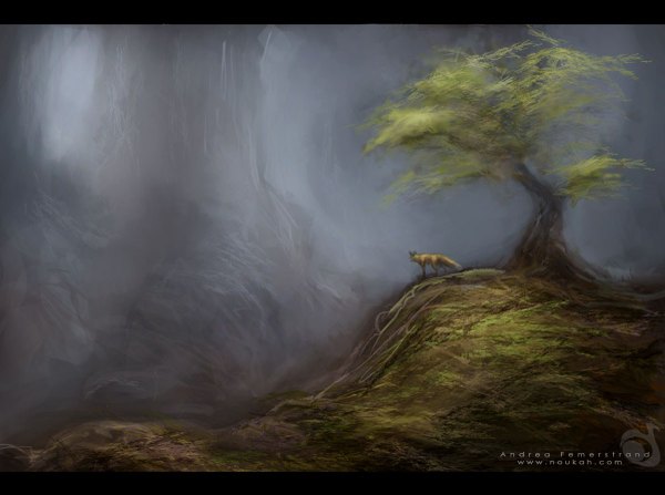 Anime picture 1200x895 with signed plant (plants) tree (trees) forest fox andrea femerstrand