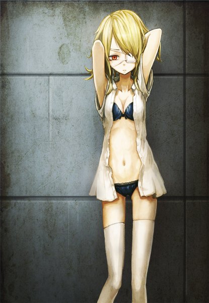 Anime picture 830x1200 with original toi (number8) single long hair tall image fringe breasts light erotic blonde hair red eyes standing open clothes arms up open shirt looking down sad girl thighhighs navel underwear