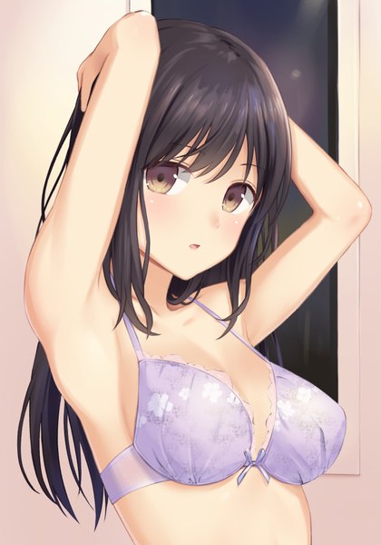 Anime picture 700x1000 with original n.g. single long hair tall image looking at viewer blush fringe breasts open mouth light erotic black hair hair between eyes large breasts brown eyes payot cleavage upper body indoors arms up