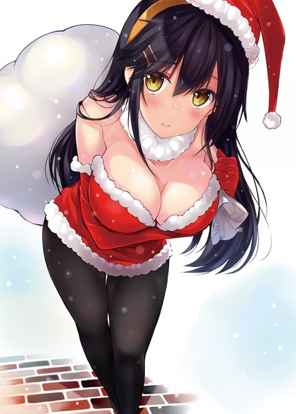 Anime picture 2591x3624 with kantai collection haruna battleship nagiha kuten single long hair tall image looking at viewer blush fringe highres breasts light erotic black hair simple background hair between eyes large breasts holding yellow eyes cleavage leaning