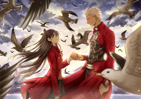 Anime picture 1200x849 with fate (series) fate/stay night type-moon toosaka rin archer (fate) zerocastle long hair short hair blue eyes black hair smile sky cloud (clouds) white hair profile girl boy bow hair bow animal