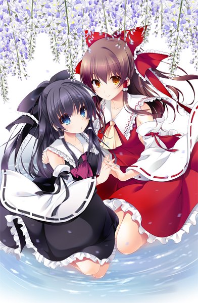 Anime picture 654x1000 with touhou hakurei reimu ayase hazuki long hair tall image blue eyes black hair brown hair multiple girls yellow eyes traditional clothes japanese clothes alternate costume miko dual persona alternate color girl flower (flowers) bow 2 girls