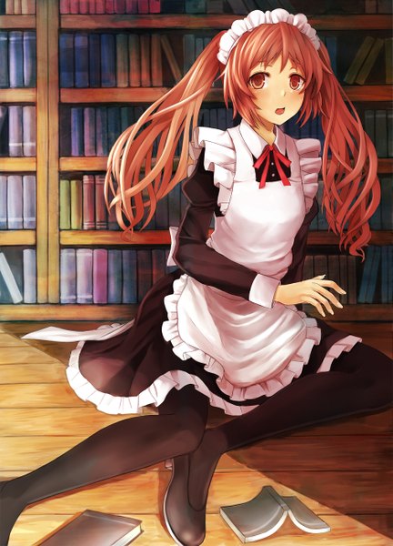 Anime picture 937x1300 with original kuhotaka single long hair tall image looking at viewer blush open mouth twintails red hair maid orange eyes girl headdress maid headdress book (books) apron shelf bookshelf