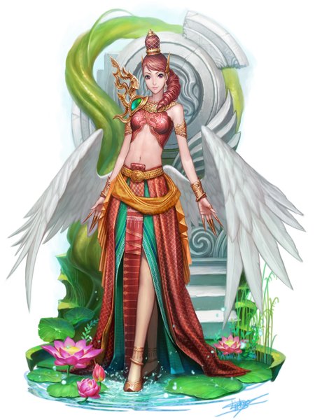 Anime picture 1000x1334 with nudtawut thongmai single long hair tall image looking at viewer purple eyes red hair lips realistic bare belly midriff angel wings low wings girl navel earrings wings bracelet