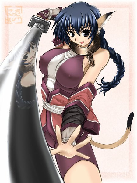 Anime picture 600x800 with utawareru mono karura tagme (artist) single long hair tall image breasts open mouth blue eyes light erotic large breasts standing holding animal ears blue hair tail animal tail erect nipples outstretched arm covered nipples