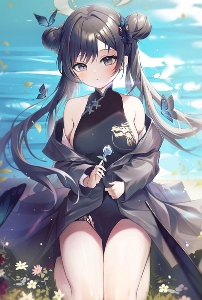 Anime picture 2766x4093 with blue archive kisaki (blue archive) netisz single long hair tall image highres light erotic black hair sitting twintails outdoors traditional clothes black eyes hair bun (hair buns) looking down chinese clothes girl hair ornament sea