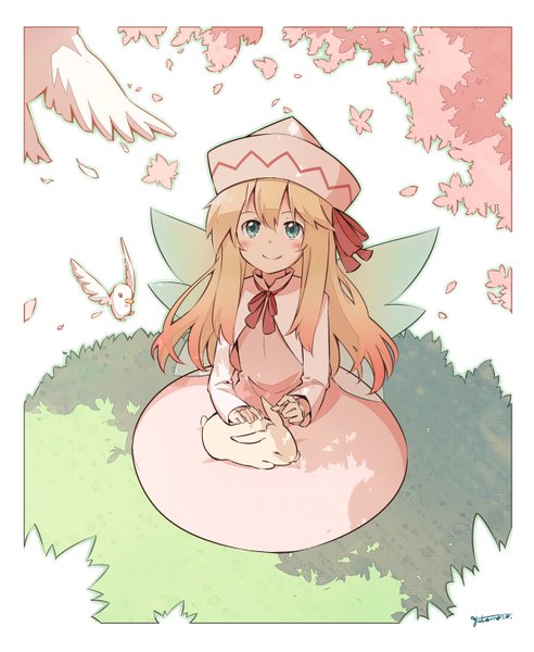 Anime picture 1200x1462 with touhou lily white yutamaro (artist) single long hair tall image blush fringe blue eyes blonde hair smile sitting long sleeves multicolored hair from above gradient hair looking up insect wings girl dress