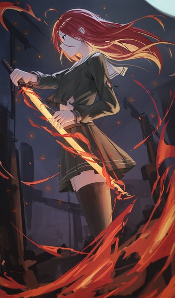 Anime picture 2106x3587 with shakugan no shana j.c. staff shana black c (net dust) single long hair tall image fringe highres hair between eyes red eyes standing holding looking away ahoge outdoors red hair long sleeves profile pleated skirt