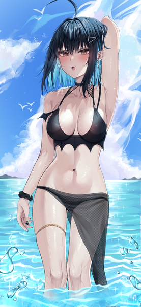 Anime picture 2000x4325 with original irene (kanniiepan) vitaminechan single tall image looking at viewer blush fringe highres short hair breasts open mouth light erotic black hair hair between eyes large breasts standing brown eyes sky cloud (clouds)