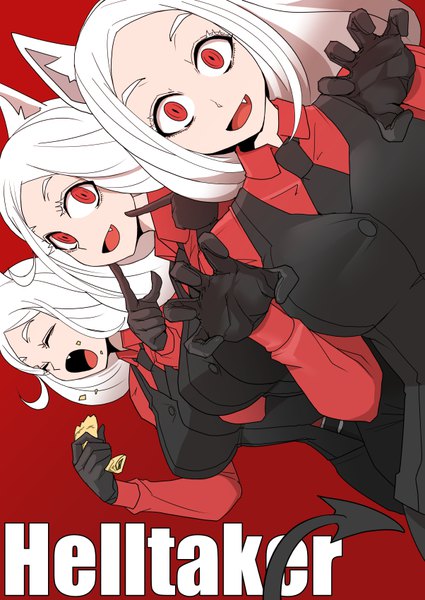 Anime picture 602x850 with helltaker cerberus (helltaker) g r g long hair tall image looking at viewer open mouth simple background smile red eyes multiple girls animal ears upper body white hair tail eyes closed :d fang (fangs) dutch angle copyright name