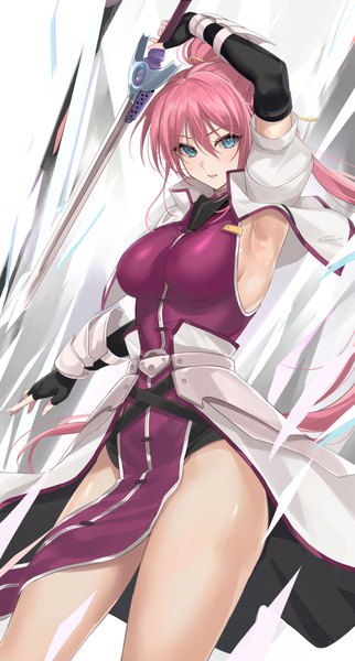 Anime picture 1100x2048 with mahou shoujo lyrical nanoha signum mexif single long hair tall image looking at viewer fringe breasts blue eyes light erotic hair between eyes pink hair ponytail arm up armpit (armpits) girl gloves weapon sword