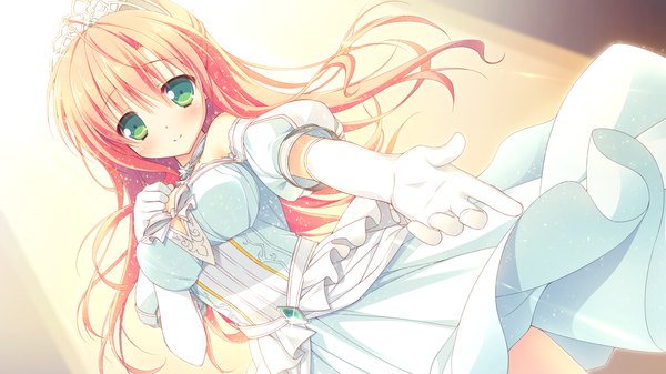 Anime picture 1280x720 with clover day's rindo tsubame chikotam single long hair looking at viewer blush blonde hair smile wide image green eyes game cg girl dress gloves elbow gloves white gloves tiara