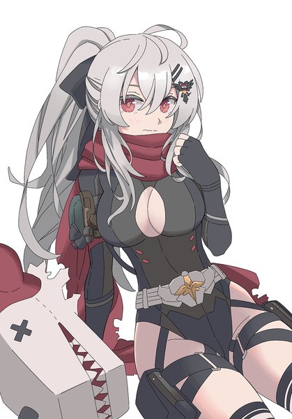 Anime picture 950x1360 with girls frontline iws-2000 (girls frontline) tab (tabkun) single long hair tall image looking at viewer blush fringe breasts light erotic hair between eyes red eyes white background sitting payot ahoge ponytail grey hair arm support