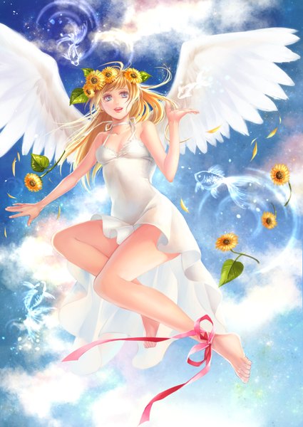 Anime picture 2508x3541 with original turukokoko single long hair tall image highres open mouth blue eyes blonde hair sky cloud (clouds) barefoot bare legs girl dress flower (flowers) animal petals wings sundress