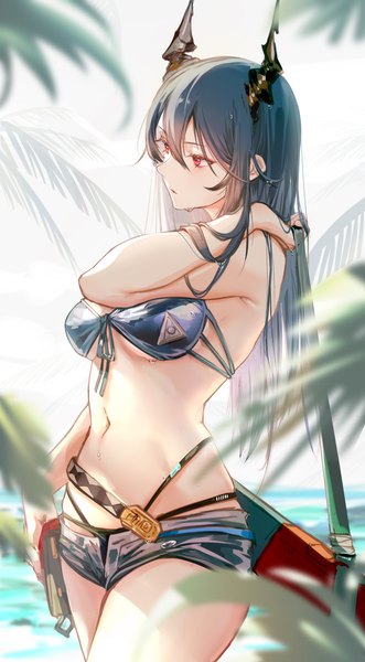 Anime picture 2480x4500 with arknights ch'en (arknights) ch'en the holungday (arknights) clouble single long hair tall image fringe highres breasts light erotic black hair hair between eyes red eyes standing holding looking away arm up horn (horns) blurry