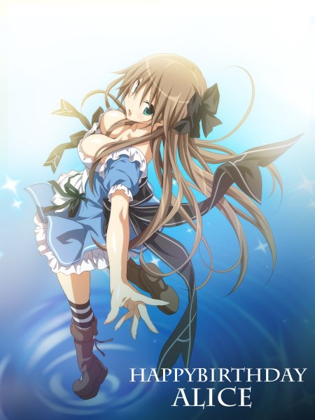 Anime picture 900x1200 with hapymaher toriumi arisu koku single long hair tall image looking at viewer blush fringe breasts open mouth light erotic smile hair between eyes brown hair large breasts standing green eyes cleavage bent knee (knees)