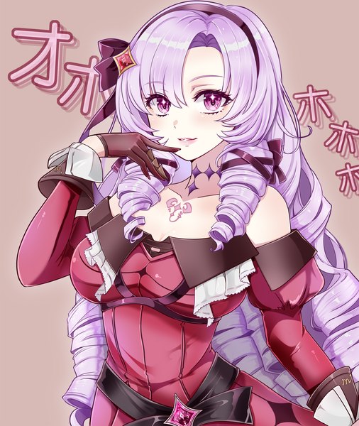 Anime picture 1687x2000 with virtual youtuber nijisanji hyakumantenbara salome hyakumantenbara salome (1st costume) 1041 (toshikazu) single long hair tall image looking at viewer simple background purple eyes purple hair upper body inscription drill hair tress ribbon brown background girl dress gloves