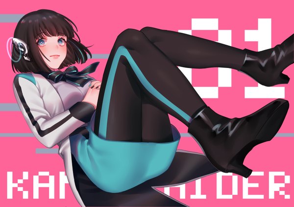 Anime picture 1500x1059 with kamen rider kamen rider 01 (series) izu (kamen rider 01) noriuma single looking at viewer blush fringe short hair blue eyes black hair simple background bent knee (knees) blunt bangs nail polish high heels copyright name pink background girl ribbon (ribbons)