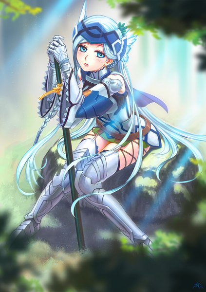 Anime picture 2115x3000 with log horizon reinesia el arte cowen lenessia erhart cowen darkmuleth single long hair tall image looking at viewer blush highres open mouth blue eyes sitting blue hair girl weapon plant (plants) sword armor thigh boots