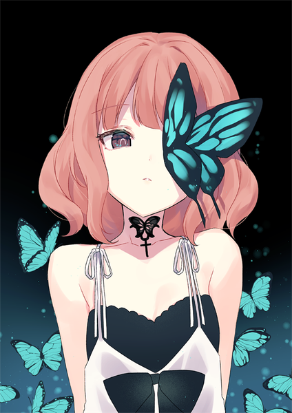 Anime picture 636x900 with forever 7th capital yumi (forever 7th capital) silltare single tall image short hair bare shoulders brown eyes pink hair upper body looking down girl insect butterfly