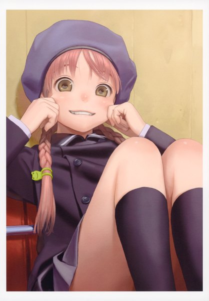 Anime picture 1219x1750 with original futuregraph range murata single long hair tall image looking at viewer blush open mouth smile brown hair sitting brown eyes teeth loli against wall girl skirt uniform school uniform