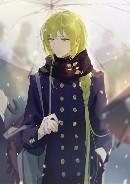 Anime picture 2000x2829 with fate (series) fate/strange fake enkidu (fate) rrr (reason) single long hair tall image highres looking away outdoors braid (braids) green hair single braid hand in pocket androgynous transparent umbrella boy scarf umbrella coat
