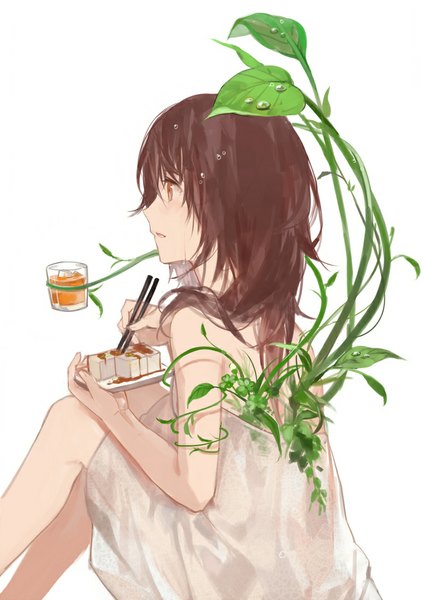 Anime picture 709x1000 with original cotta single tall image short hair open mouth simple background brown hair white background sitting brown eyes wet back wet clothes girl dress plant (plants) food white dress leaf (leaves)