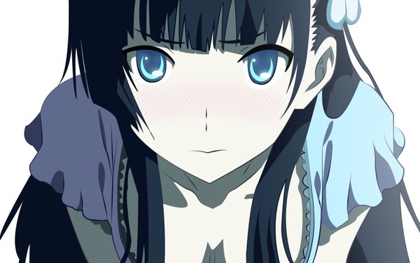 Anime picture 1920x1200 with sankarea studio deen sanka rea single long hair looking at viewer blush fringe highres breasts blue eyes light erotic black hair simple background white background embarrassed close-up pale skin frown girl