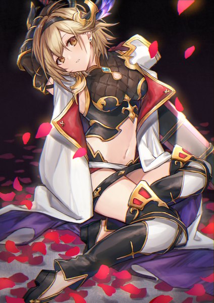 Anime picture 1000x1415 with granblue fantasy gita (granblue fantasy) coyucom single tall image blush fringe short hair breasts light erotic blonde hair hair between eyes sitting brown eyes full body bent knee (knees) parted lips head tilt arm up bare belly