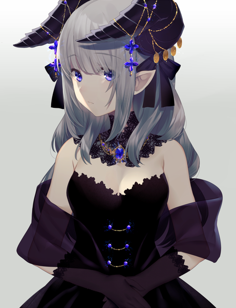 Anime picture 692x900 with original achiki single long hair tall image looking at viewer fringe breasts blue eyes simple background hair between eyes standing payot cleavage silver hair horn (horns) pointy ears grey background girl dress